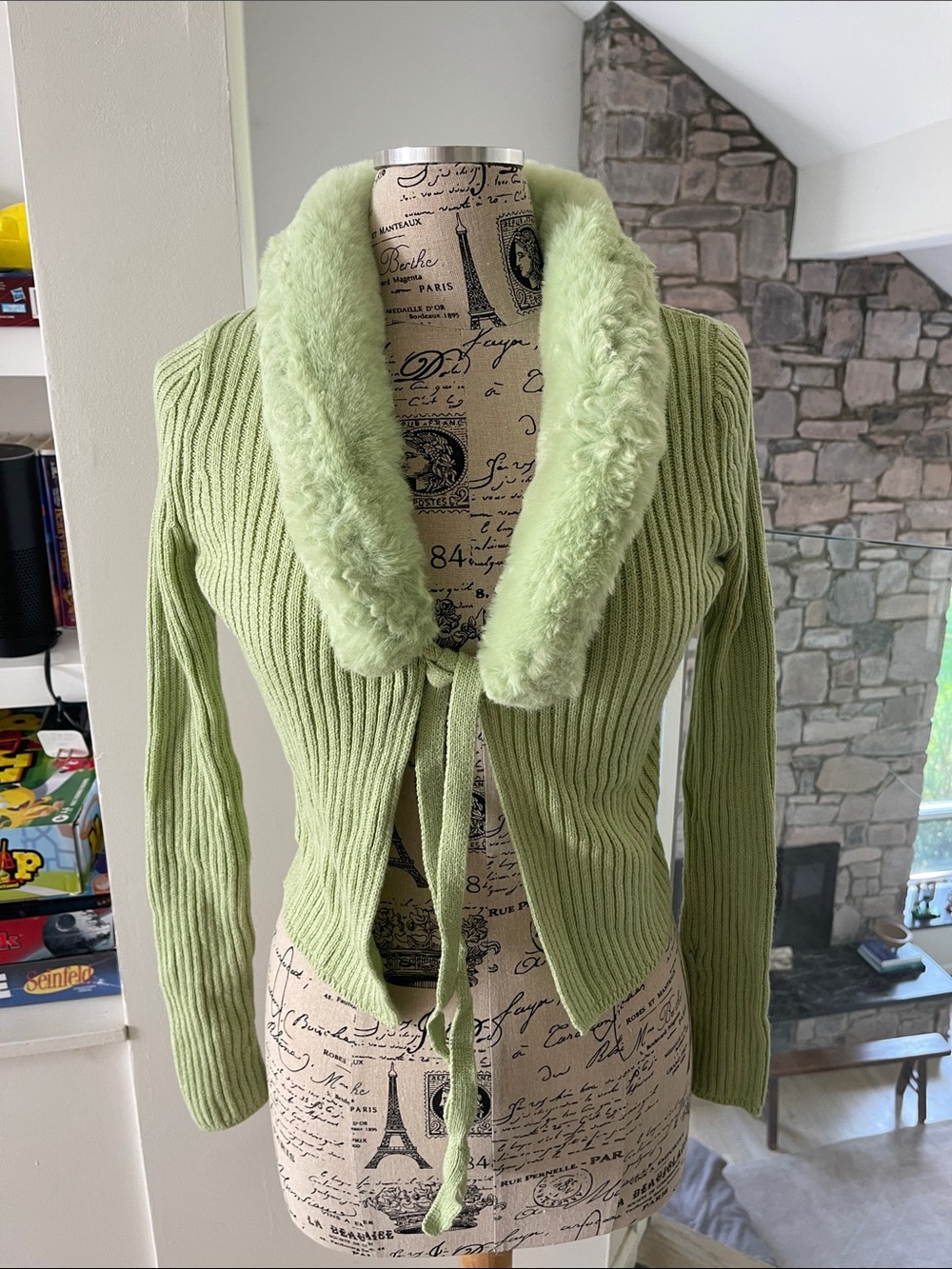 wild fable Light Green Ribbed Tie-Front Cardigan with Faux Fur Collar